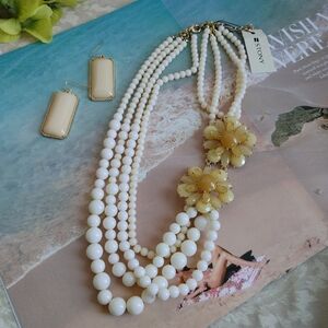 Stony Multi Strand Bead w/ Flowers & Earrings